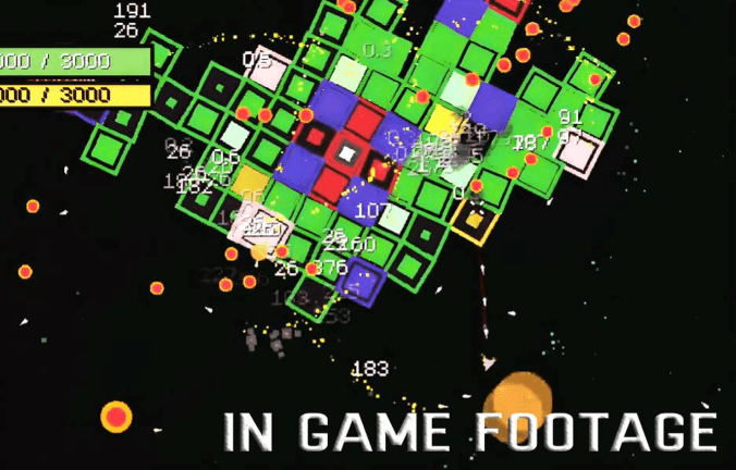Nebulous ship weaving through projectiles around a block-built boss