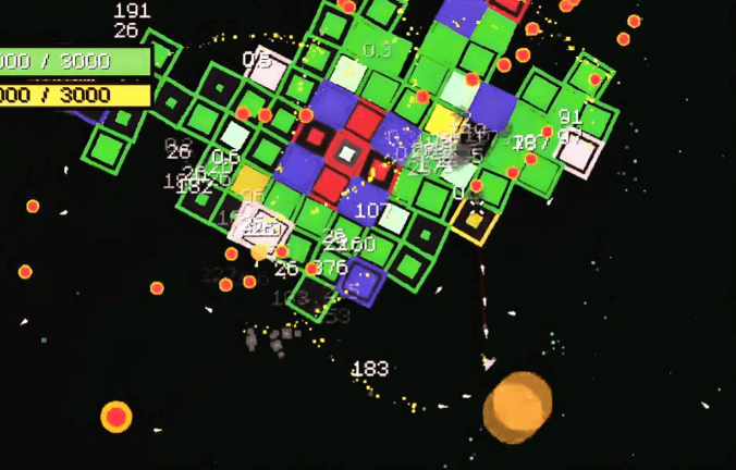 A large Nebulous boss surrounded by dense projectiles