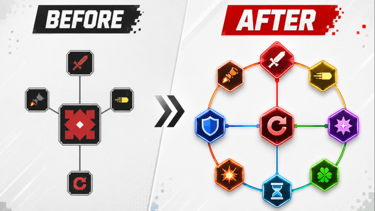 Nebulous upgrade interface shown before and after progression